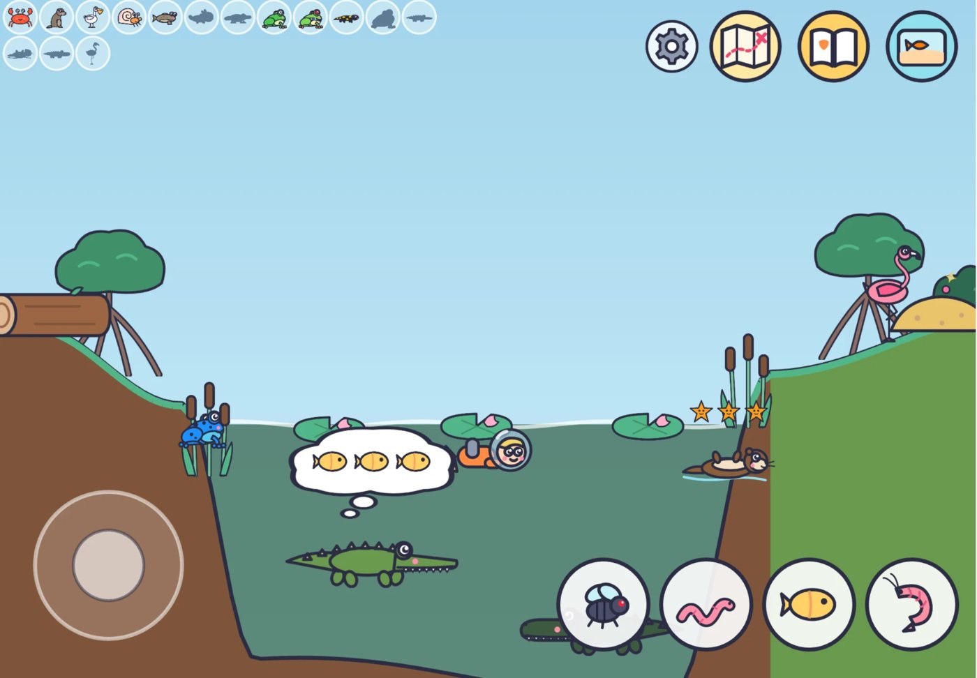 Big Wella Animal Adventure gameplay: a wetland scene with a diver, frog, crocodile and otter