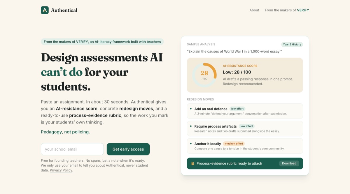 Authentical showing an AI-resistance score and redesign moves for an assessment task